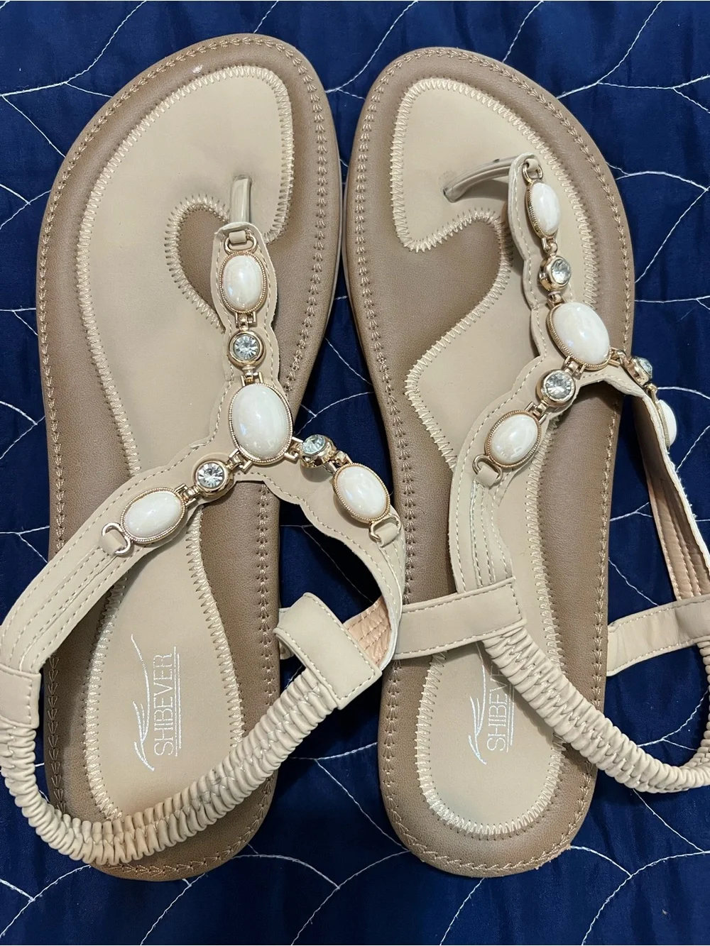 Beige Jeweled Women's Thong Sandals
